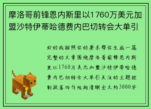 摩洛哥前锋恩内斯里以1760万美元加盟沙特伊蒂哈德费内巴切转会大单引关注
