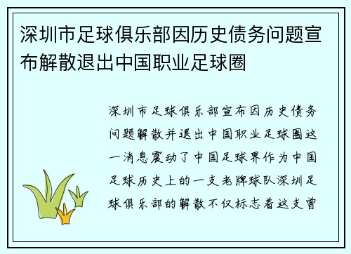 深圳市足球俱乐部因历史债务问题宣布解散退出中国职业足球圈 深圳市足球俱乐部因历史债务问题宣布解散退出中国职业足球圈